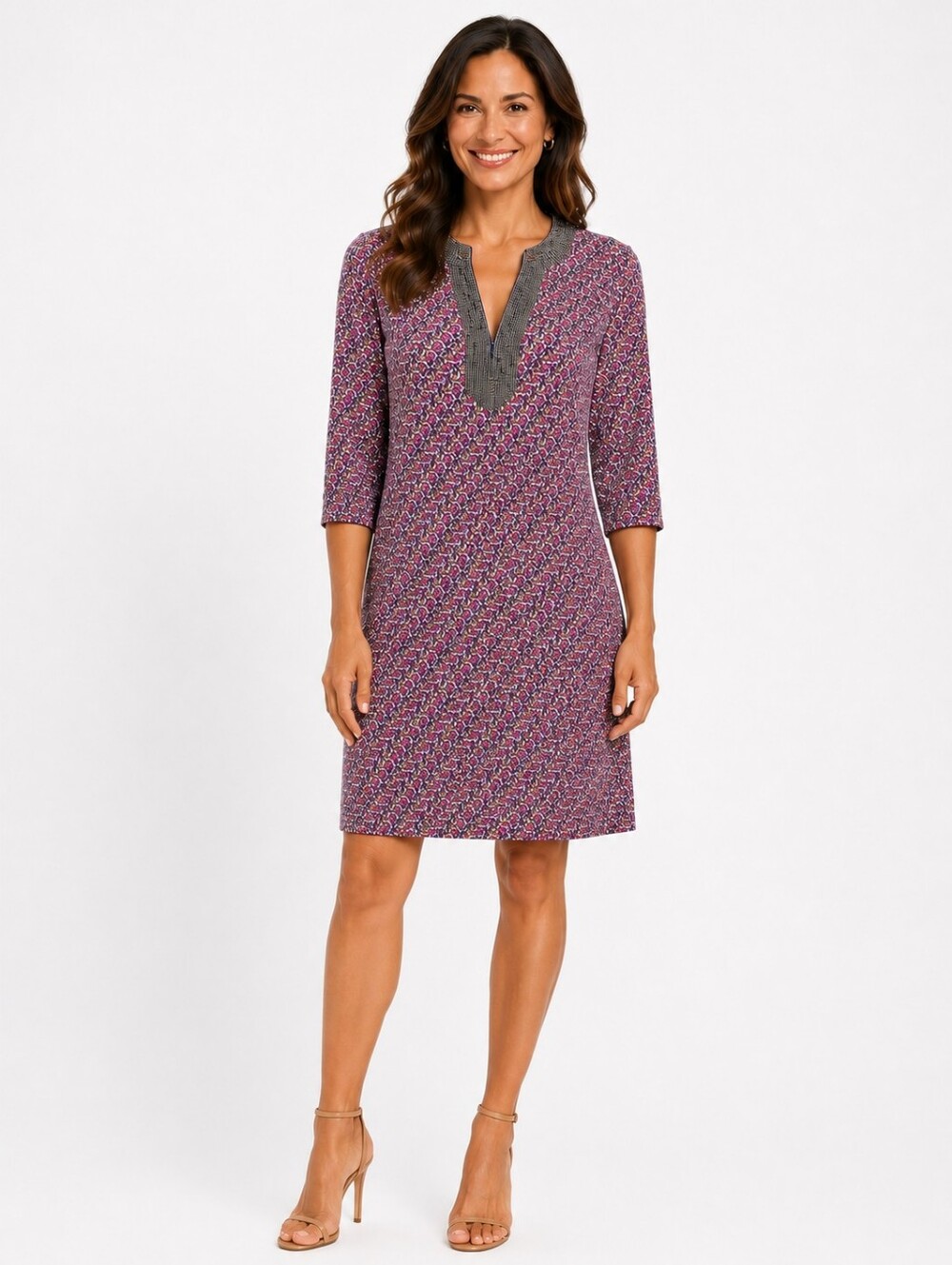 Tory Burch 100% Silk Purple Floral Patterned Beaded V-Neck Shift Dress‎ Designer